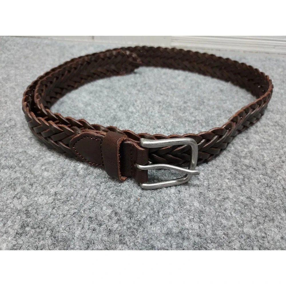 Gap Women Braided Belt 34W Brown Leather Silver Buckle Adjustable Holes Casual